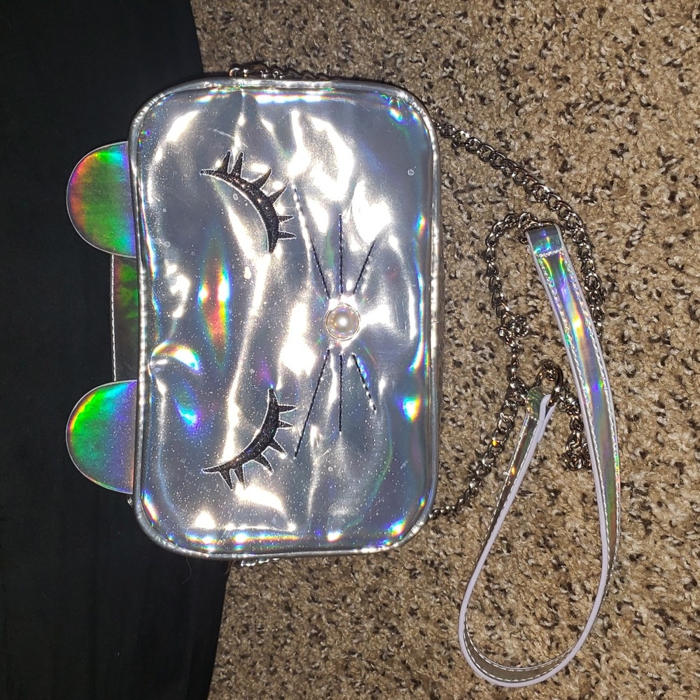 Olivia Miller metallic silver holographic kitty cat strap purse